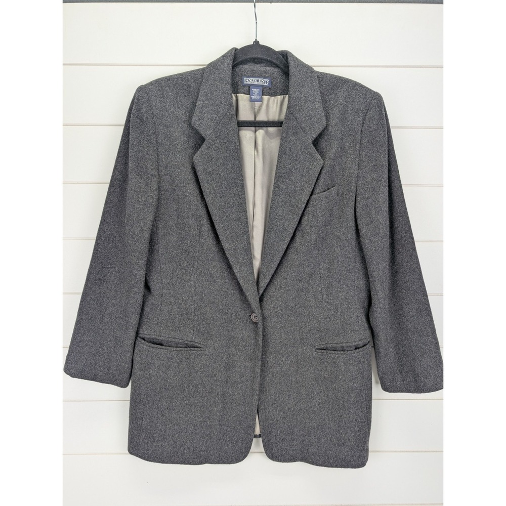 Lands End Blazer Women 12P Gray Wool Cashmere Model Off Duty Shoulder Pads 90s